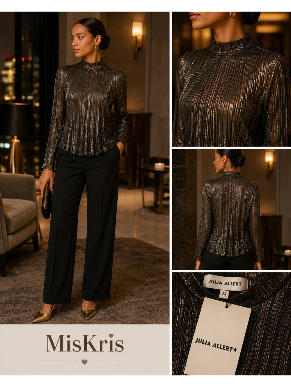 NWT Julia Allert Metallic Mock Neck Pleated Top Black Gold Size Medium